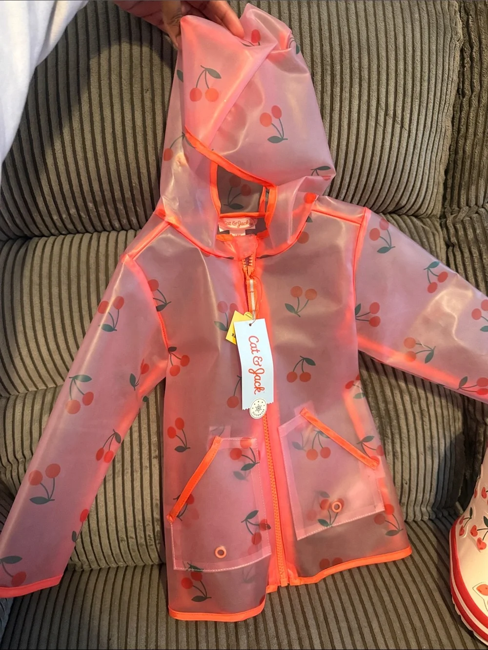 Kids Cherry Print Pink Rain Boots & Raincoat Set